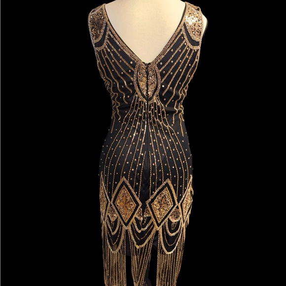 Babeyond Elegant Black and Gold Beaded Dress 1920s elegant party flapper - Picture 4 of 7